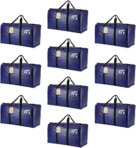 Cryster 10-Pack Blue Moving Bags with Strong Zippers,Heavy Duty Storage Totes With Comfortable Handles,Large Storage Totes for Student Supplies