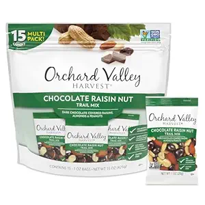 Orchard Valley Harvest Chocolate Raisin Nut Trail Mix, 1 Ounce Bags (Pack of 15), Dark Chocolate Covered Raisins, Almonds, and Peanuts, Trail Mix Individual Packs, Gluten Free, Snacks for Adults