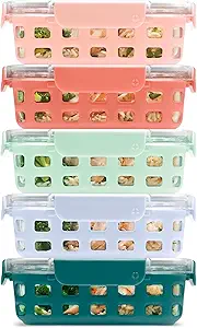 Ello Duraglass 3.4 Cup Meal Prep Sets 10Pc, 5 Pack Set- Glass Food Storage Container with Silicone Sleeve and Airtight BPA-Free Plastic Lids, Dishwasher, Microwave, and Freezer Safe, Melon