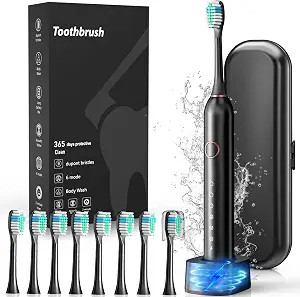 Electric Toothbrush, Sonic Type for Adults & Teens, 8 Brush Heads, Travel Case, 6 Modes, 40000 VPM Electric Motor, IPX7 Waterproof, 2 Minutes Timer, Wireless Charging, One Charge for 100 Days, Black
