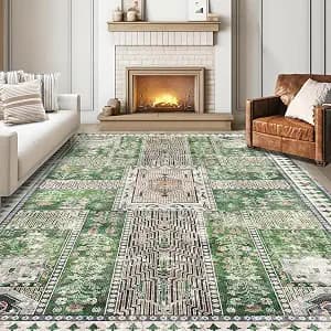 YARNSCAPE Vintage 8' x 10' Washable Area Rug - Stylish Indoor Rug for Living, Dining or Bedroom - Lightweight Carpet with Non-Slip Backing - Foldable for Easy Placement and Maintenance - Green