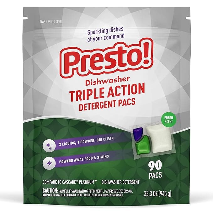 Amazon Brand - Presto! Triple Action Dishwasher Pacs, Fresh Scent, 90 Count