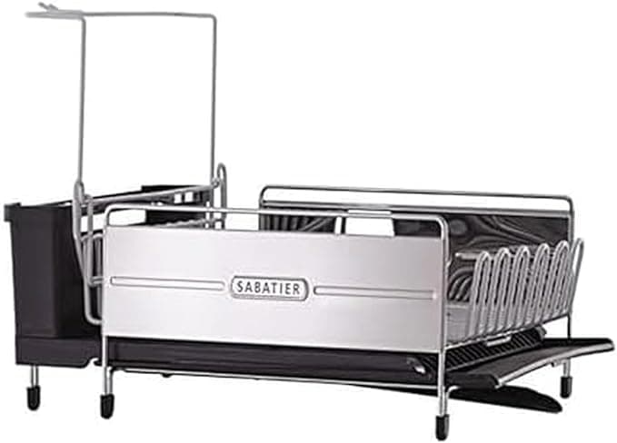 Sabatier Expandable Stainless Steel Dish Rack with Rust-Resistant Soft Coated Wires and Bi-Directional Spout, with Utensil Caddy and Removable Stemware Holder