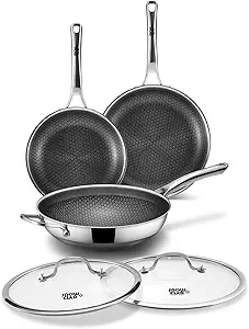 3-Piece Hybrid Stainless Steel Cookware Set-12 Inch Wok with Lid,10 Inch Frying Pan,12 Inch Skillet with Lid-Non Stick,PFOA Free,Dishwasher&Oven Safe,Induction Compatible,Cookware Set.