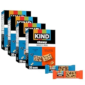 KIND Chewy Granola Bars Variety Pack, Gluten Free, Low Calorie, Healthy Snacks, Chocolate Chip, Peanut Butter Chocolate Chip, 4 Boxes of 20 (80 Bars Total)