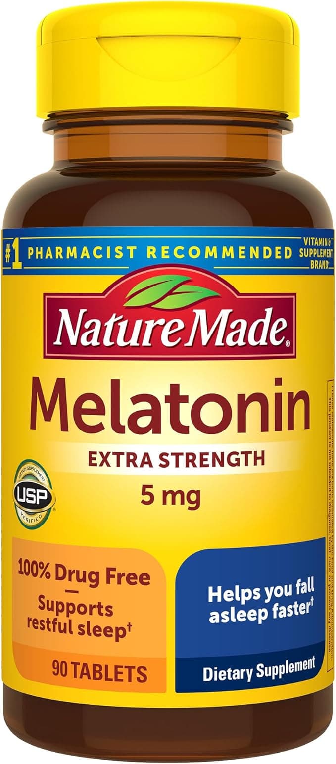 Nature Made Melatonin 5mg Tablets Extra Strength, 100% Drug Free Sleep Aid for Adults, 90 Tablets, 90 Day Supply