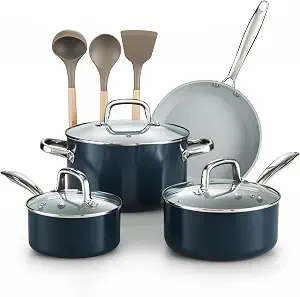 Cook N Home Classic Nonstick Cookware Set, Pots and Pans Cookware Set with Glass Lids and Comfortable Handles, Induction Compatible, 10-Piece, Blue