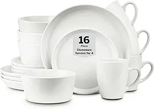 Stone Lain Albie Stoneware 16 Piece Modern Dinnerware Set, Plates and Bowls Sets, Service for 4, White Speckled, Microwave & Dishwasher Safe