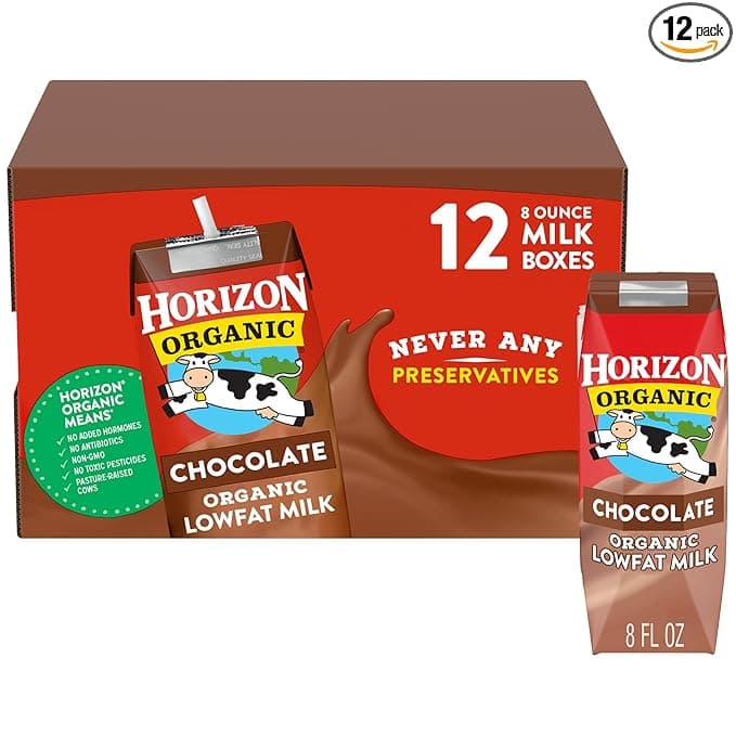 Horizon Organic Shelf Stable 1% Lowfat Chocolate Milk Boxes, 8 fl oz, 12 Count - 8g Protein per Serving, USDA Organic UHT from Pasture-Raised Cows, Ready to Drink for Lunchbox, Travel, or On-the-Go, No Refrigeration Needed