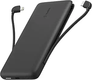 Belkin Portable Charger Power Bank for iPhone/Android - 10,000mAh, 23W Battery Pack for Phone with Integrated USB-C, Lightning Cables - Pass-Through Capability, Charge 2 Devices at Once