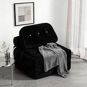 Folding Sofa Bed, Flannel Futon Couch Bed with Pillow and Blanket, Convertible Sleeper Chair for Small Space Apartment Guest Room, Black