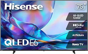 Hisense 75" Class E6SR Series Hi-QLED 4K UHD Smart Roku TV (75E6SR, 2026 Model) - Dolby Vision, Game Mode Plus, VRR, ALLM, DTS Virtual:X, Apple AirPlay, Compatible with Alexa and Google Assistant