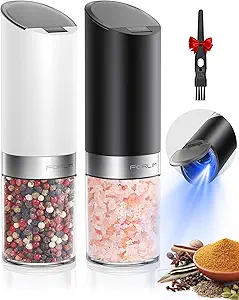 FORLIM Gravity Electric Salt and Pepper Grinder Set with Dust Cover LED Upgraded Batteries Powered Automatic Pepper Grinder Adjustable Coarseness, L Capacity for Kitchen Travel, White & Black