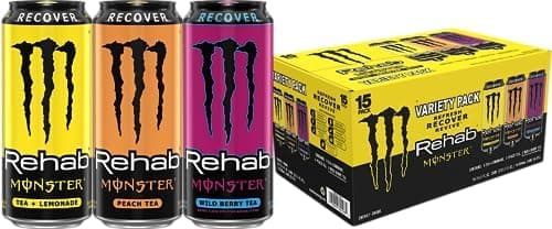 Monster Energy Rehab LPWBT, Variety Pack, Energy Iced Tea, 15.5 Ounce | Pack of 15