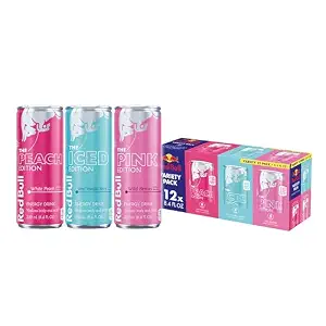 Red Bull Energy Drink Variety Pack, Peach, Iced Vanilla Berry, Pink, with 80mg Caffeine, Taurine & B Vitamins, 8.4 fl. oz, Pack of 12 Cans
