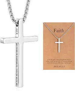 Lcherry Cross Pendant Necklace for Men Stainless Steel Box Chain Cross Necklace Inspirational Bible Verse Pendant Guys Necklaces Religious Christian Religious Gifts for Men