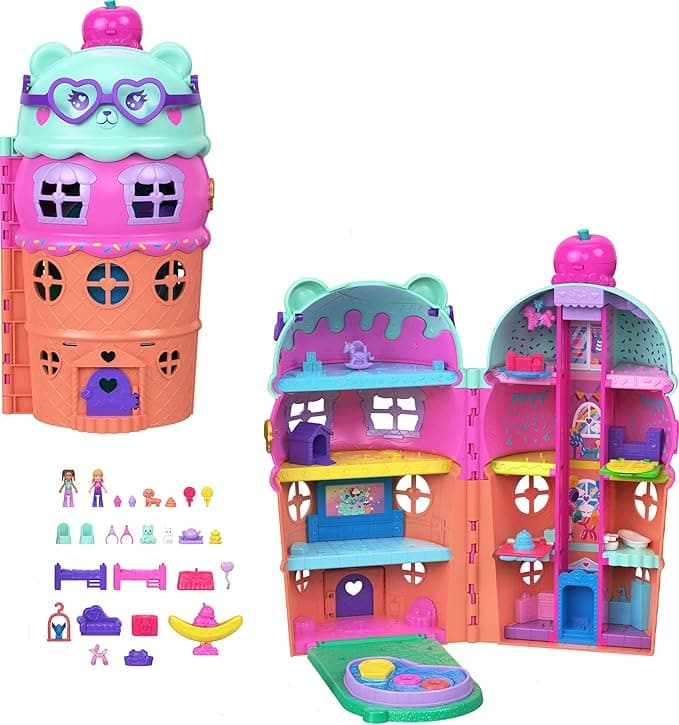 Polly Pocket Micro Dolls &amp; Large Gelato House Playset, Ice Cream Bear Theme with 25+ Accessories Including Furniture, Food, and Pets
