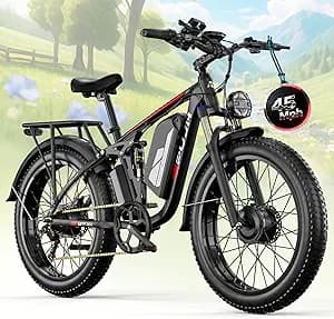 6000W Dual Motor Ebike for Adults, 60V 20Ah Fast Electric Bike 45mph,Up to 110 Miles,24" Fat Tire Full Suspension Electric Bike for Snow Off-Road Commuter Mountain E-Bike for Men Women