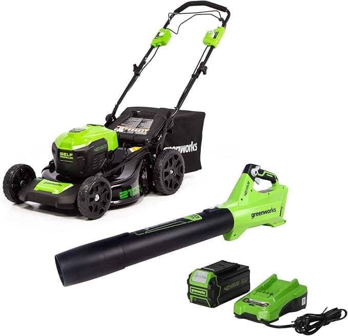 Greenworks 40V 21-Inch Self-Propelled Mower/Axial Blower Combo Kit, 5Ah USB Battery and Charger Included, CK40L510