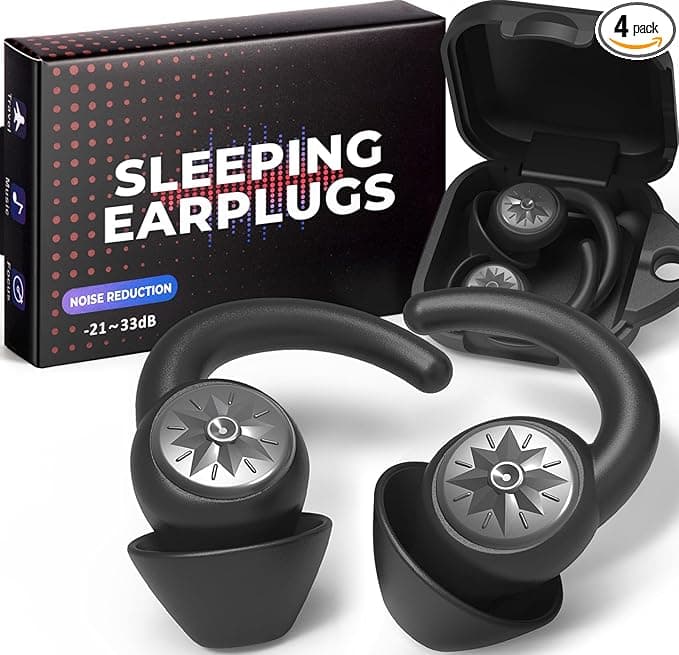 Ear Plugs for Sleeping - NRR33dB Noise Cancelling Earplugs for Sleep, Snoring Blocking, Travel, 2 Pairs Reusable Washable Soft Silicone Ear Plugs for Side Sleeper, Cold Black