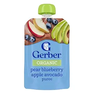 Gerber Stage 2 Organic Pear Blueberry Apple Avocado, 12 Pack | Stage 2 organic puree pouch; pear blueberry apple avocado; no added sweetener; no artificial colors or flavors; 12 x 3.5 oz