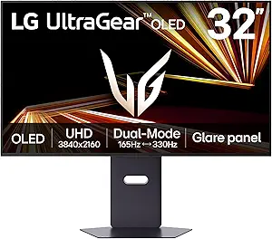 LG 32GX850A-B 32" UltraGear 4K UHD (3840 x 2160) Glossy OLED Gaming Monitor, Dual-Mode 165Hz/330Hz, 0.03ms, G-SYNC, FreeSync Premium Pro, TrueBlack 400, HDMI, DP, Tilt/Height/Swivel/Pivot Stand, Black