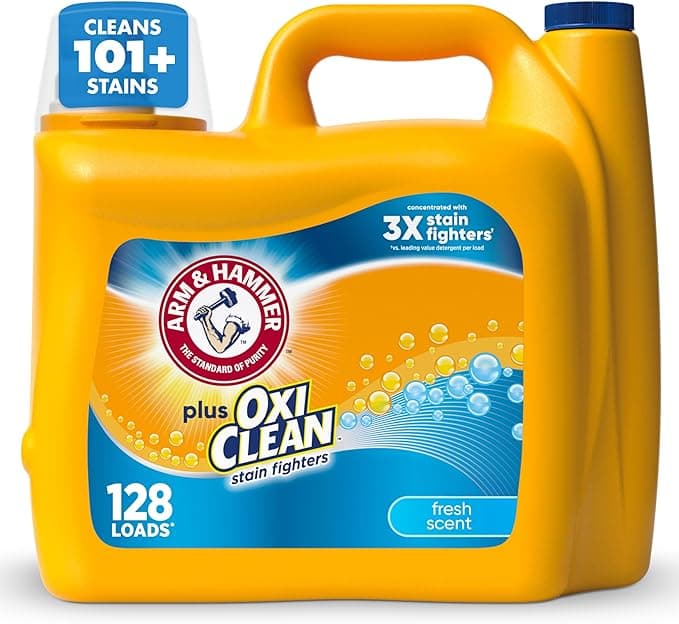 ARM &amp; HAMMER Plus OxiClean Stain Fighters Liquid Laundry Detergent, Fresh Scent, 166.5 fl oz, 128 Loads