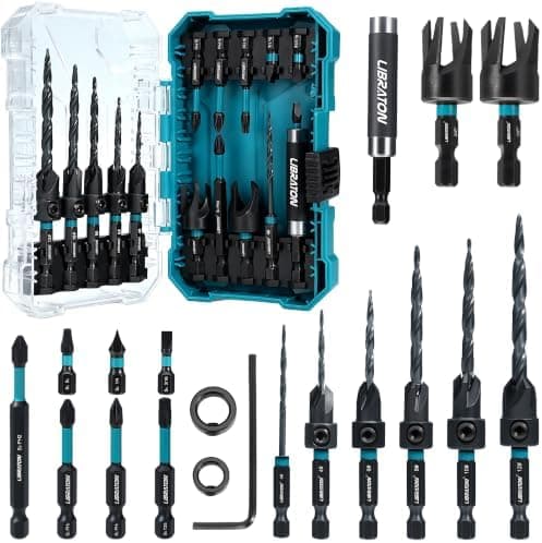 LIBRATON Countersink Drill Bit Set, 19PCS Tapered Wood Drill Bit Set | Counter Sink Drill Bit for Wood with Wood Plug Cutters, Extendable Bit Holder, 1/4" Hex Shank, Screwdriver Bits, Storage Case