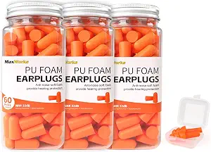 MaxWorks 51224 Orange Ear Plugs – 180 Pairs PU Foam + 3 Pairs Silicone with Carry Case, High Noise Reduction 38dB SNR for Sleeping, Shooting, Work, Travel, Motorcycle - 3 Pack