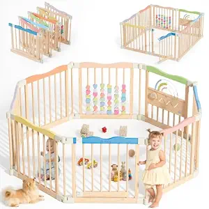 Foldable Wooden Playpen, 55 x 55 x 24 inches, Rainbow Dream, Colorful | Adjustable Wood Baby Play Yard with Child-Proof Lock, Indoor Large Safety Fence for Babies and Toddlers, Easy Assembly