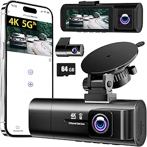 4K Dash Cam Front and Rear Inside,3.16" IPS,3 Channel Dash Cam for Car with 5G WiFi,Free 64GB Card,170° Wide Angle,Loop Recording,G-Sensor,WDR,Night Vision,Time-Lapse,24H Parking Monitor