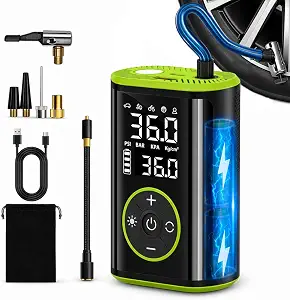 Roadvo [10000mAh] Tire Inflator Portable Air Compressor - 150PSI 3X Faster Electric Cordless Air Pump for Car Tires, Bike Pump with Presta & Schrader Valves, Digital Gauge, LED Light, Auto Shut-Off
