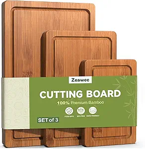 3-Piece Set Bamboo Cutting Board for Kitchen - Crack-Resistant Wood Chopping Boards with Deep Juice Grooves, Pre-Oiled Butcher Block for Meat, Vegetables & Cheese, Carbonized