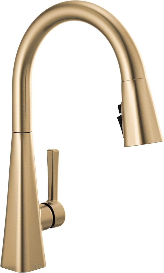 Delta Lenta Brushed Gold Kitchen Faucet with Pull Down Sprayer, Modern Brushed Gold Single Hole Kitchen Sink Faucet, Single Handle, Champagne Bronze 19802Z-CZ-DST