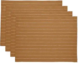 Solino Home Linen Placemats Set of 4 - Pinstripe Camel and White Placemats 14 x 19 Inch - 100% Pure Linen Place Mats