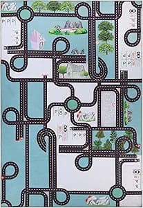 Superior Indoor Kids Rug, Washable, Non-Slip, Multi Color Playmat, Perfect for High Traffic Playroom, Perfect for Daycare Kids Room or Bedroom, Country Road Kid Rug Aqua 3' x 5'