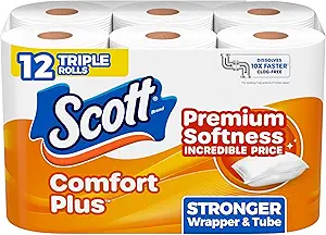 Scott ComfortPlus Toilet Paper, 12 Triple Rolls, 231 Sheets per Roll, Septic-Safe, 1-Ply Toilet Tissue