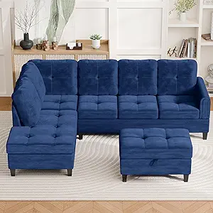 L-Shaped Sectional Sofa with Movable Chaise & Storage Ottoman, Lounge 3-Piece Modular Convertible Couches for Living Room, Apartment & Office, Blue