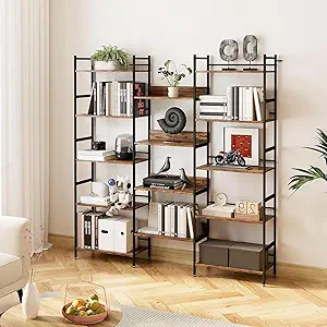 Bookcases and Bookshelves 5-Tiers Metal Frame Large Etagere Bookshelf Storage Rack for Living Room Bedroom Home Office, (14 Display Shelves), Brown
