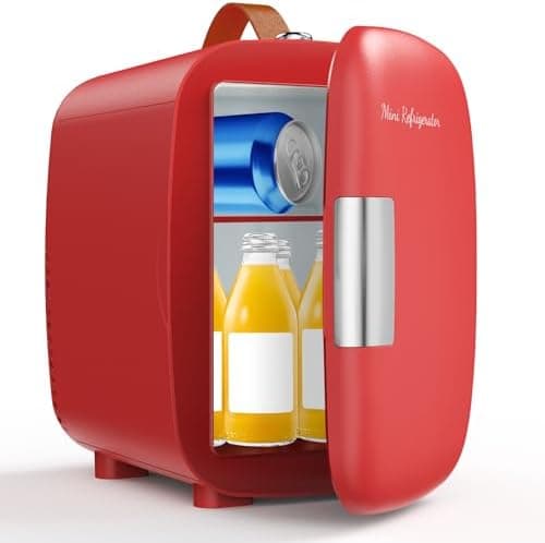 DUMOS Mini Fridge for Bedroom, 4L Compact Personal Fridge Cooler For Skincare, Drinks, And Snacks, Fits 6 Cans, Mini Refrigerator with 110V Ac/12V Dc, Ideal For Car, Dorm, Red