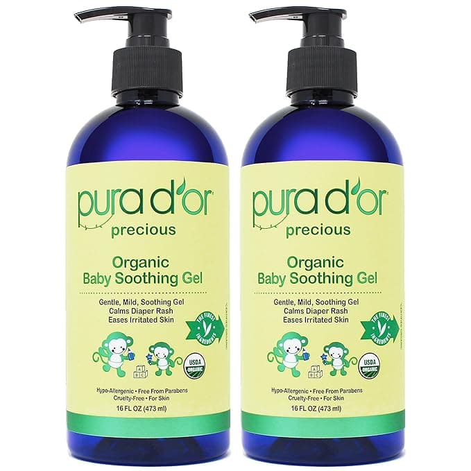 PURA D'OR ORGANIC Baby Soothing Gel For Sensitive Skin (16 Oz x2 = 32 Oz) Diaper Rash &amp; Irritation Relief with Aloe Vera, Tamanu Oil, Chamomile, Jojoba, &amp; Almond Oil
