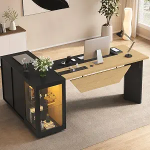 74.4" L-Shaped Executive Desk, Large Office Desk with Drawers, Balck+Wood