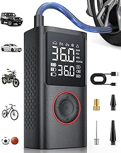 Tire Inflator Portable Air Compressor, 150 PSI Cordless Bike Pump, Air Pump for Auto, Motorcycle, Bicycle, Balls with Pressure Gauge, LED Light & Car Accessories, Black, Standard Capacity