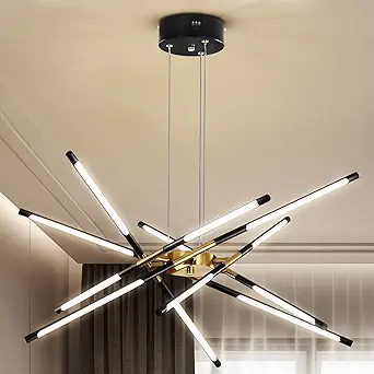 Modern Chandelier,Black and Gold Chandelier 12 Light LED Dimmable Pendant Lights,Easy to Install Ceiling Light 54W Linear Hanging for Dining Room, Kitchen,Bedroom 3000k-6000k with Remote Control