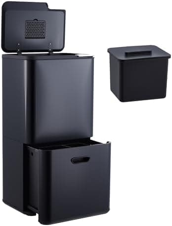 16 Gal/60L Dual Compartment Kitchen Trash Can – Stainless Steel Indoor Recycling Bin, Pull-Out Design with Removable Buckets, Odor Control, Compost Bin, Fingerprint Resistant, Space Saving – Black