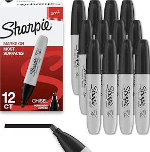 Sharpie Permanent Markers, Chisel Tip, Black, 12 Count - Home, School, Office Supplies