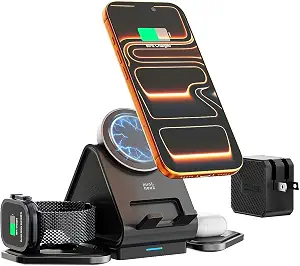 3 in 1 Charging Station, Mag Safe Wireless Charger Stand, Qi2-enable, 15W Multiple Device Magnetic Charging Station for iPhone 16,15,14,13,12 Series, Apple Watch, AirPods (USB-C Charger Included)