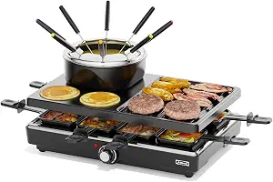 Electric Fondue Pot Sets, Electric lndoor Raclette Table Grill for 8 People, Adjustable Temperature Control and 8 Paddles, Perfect for Parties and Family Fun (Fondue Pot Set with Pancake Baking Tray)