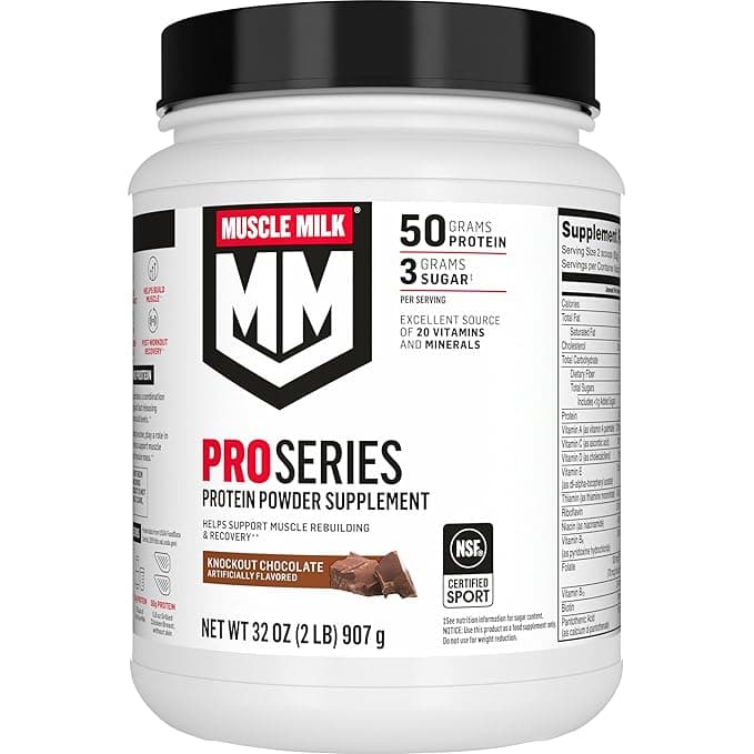 Muscle Milk Pro Series Protein Powder Supplement,Knockout Chocolate,2 Pound,11 Servings,50g Protein,3g Sugar,20 Vitamins &amp; Minerals,NSF Certified for Sport,Workout Recovery,Packaging May Vary