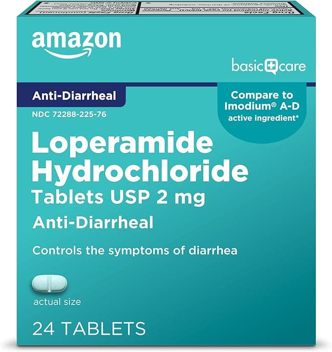Amazon Basic Care Loperamide Hydrochloride Tablets, 2 mg, Anti-Diarrheal, 24 Count (Pack of 1) (Packaging may vary)
